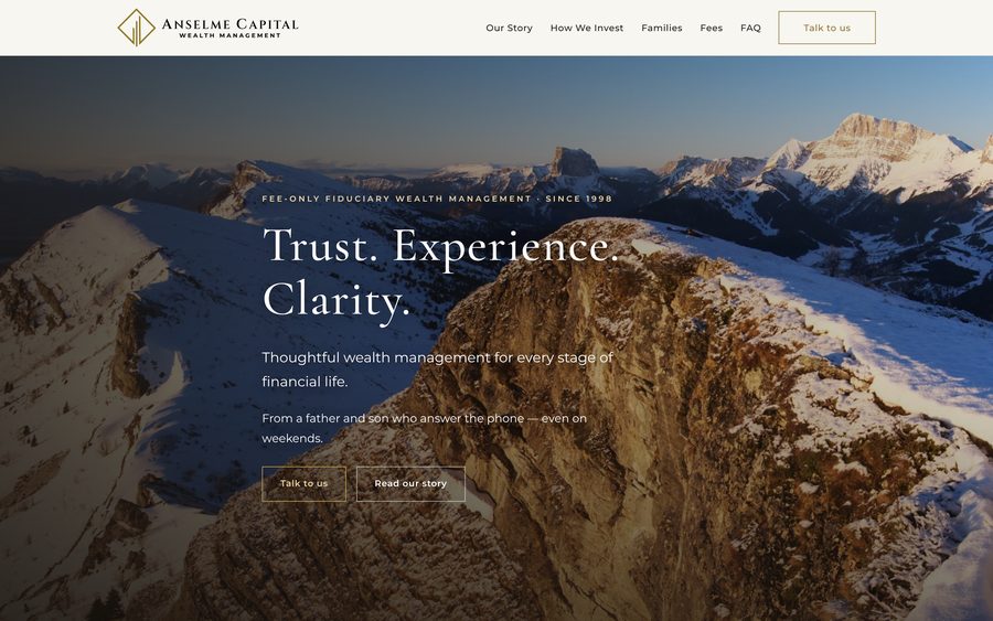Anselme Capital home page, showing a snow-covered mountain ridge behind the headline Trust. Experience. Clarity.