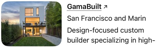 ChatGPT's entry for GamaBuilt: San Francisco and Marin, design-focused custom builder specializing in high-end whole-house renovations.