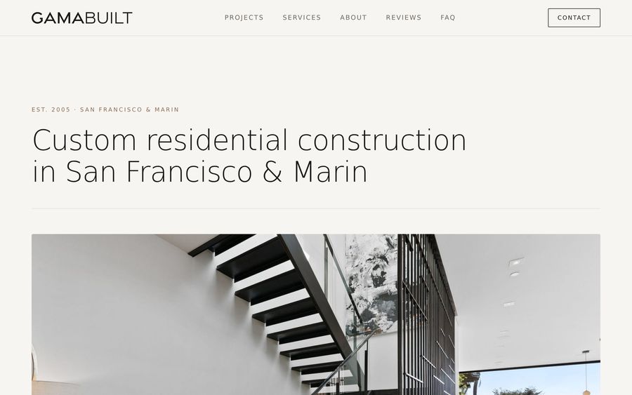 GamaBuilt home page, showing the headline Custom residential construction in San Francisco and Marin.