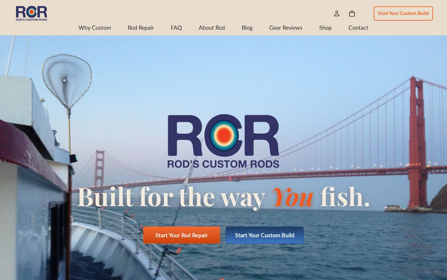 Rod's Custom Rods home page, showing the Golden Gate Bridge behind the headline Built for the way you fish.