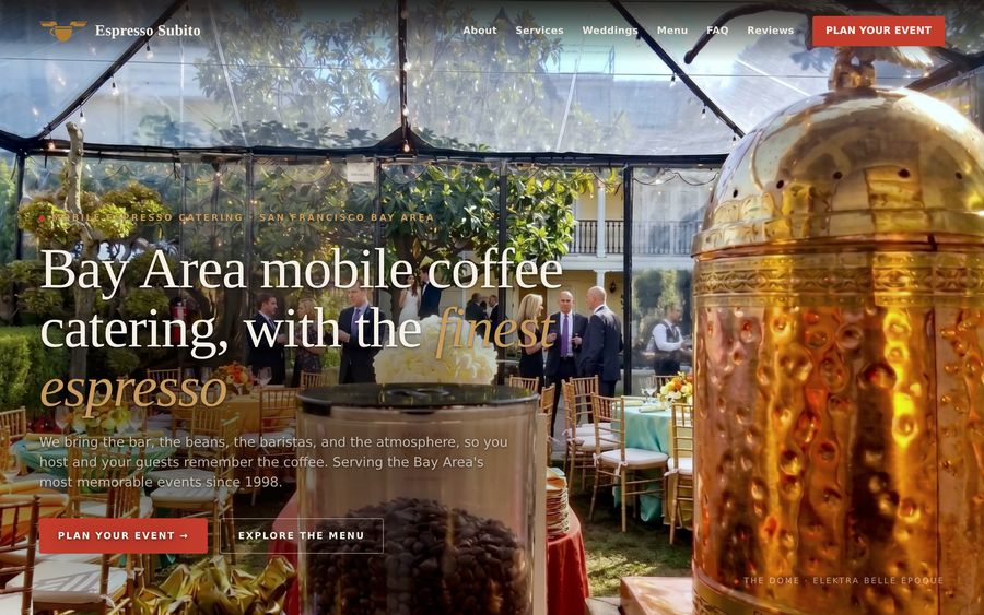 Espresso Subito home page, showing the Dome espresso bar at an outdoor event.